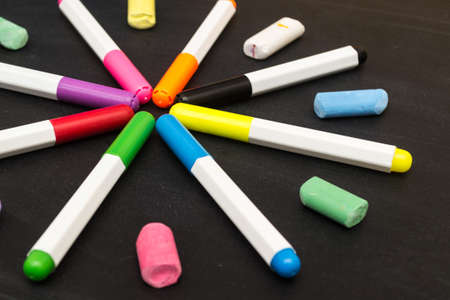 Markers with crayons in the shape of a beautiful big star. Teaching children to draw.の写真素材