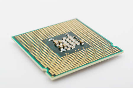 Macro of a computers processor detail. White background.