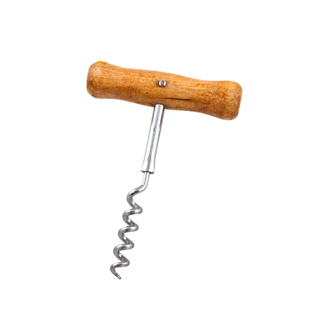 simple corkscrew with wooden handle on a white backgroundの写真素材