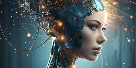 3D rendering of a female cyborg with circuit board in the backgroundの素材