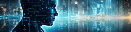 Future technology concept. Artificial intelligence (AI) and machine learning. Digital composite image.の素材