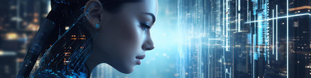 Cyborg woman face on virtual screen. Future and AI concept. 3D Renderingの素材