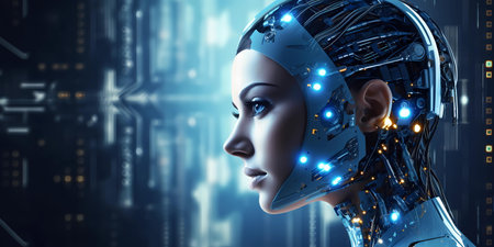 Cyborg woman cyborg head on digital blue background 3D renderingの素材