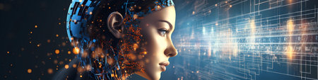 Cyborg woman with digital brain. Artificial intelligence concept. 3D renderingの素材