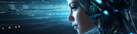 Cyborg woman cyborg in virtual space. Future cyber technology conceptの素材