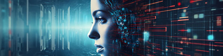 Cyborg woman face with binary code. Artificial intelligence and machine learning conceptの素材
