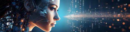 3D rendering of a female cyborg head with artificial intelligence conceptの素材