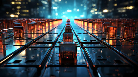 3d rendering of futuristic server room in the city at night.の素材