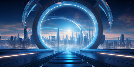 Futuristic city background with neon lights. Future city concept. 3D Renderingの素材