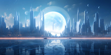 Futuristic city in the night with full moon. 3d renderingの素材