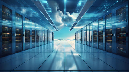 Server room with blue sky and clouds. 3d rendering toned imageの素材