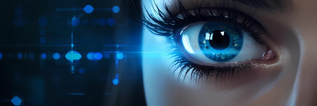 Close-up of beautiful female eye with glowing lights. Technology conceptの素材
