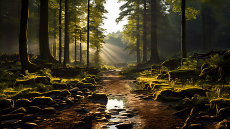 Sunlight in the dark forest in the morning - 3D renderの素材