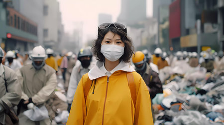 Asian woman wearing yellow raincoat and face mask in the city.の素材