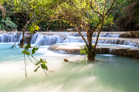 Kouang Xi Waterfalls with turquoise pools, Laosの写真素材