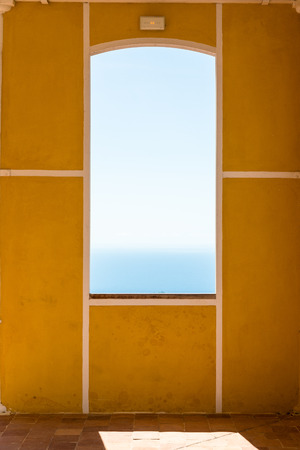 SAINT-CLAUDE, GUADELOUPE - OCTOBER 19, 2015: window with yellow framed wall, university of Basse-Terreのeditorial素材