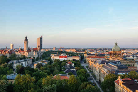 Skyline of Leipzig with townhall and high court at sunset, Germanyの写真素材