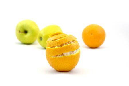 Ripe orange and apple isolated on white backgroundの写真素材
