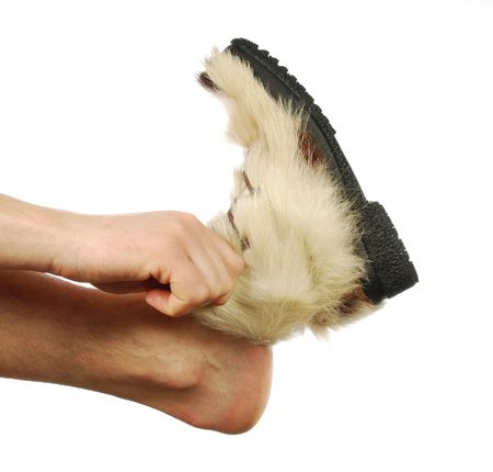 winter boots up and about on a white backgroundの写真素材