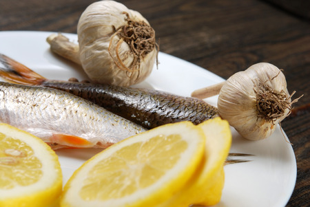 Raw fish with lemon and garlic on a round white plate on a wooden backgroundの写真素材