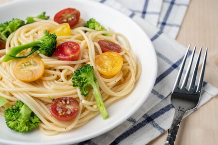 Vegetables spaghetti with tomato and broccoli, healthy vegetarian meals concept