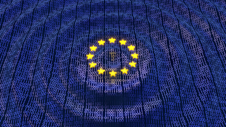 European Union Data Protection bits and bytes in ripple waving pattern with glowing EU starsの写真素材