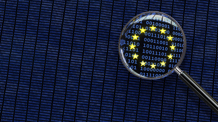 Looking at European Union GDPR bits and bytes through magnifying glassの写真素材