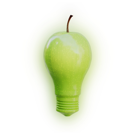 Apple shaped as a light bulb glowing on white background. Innovation, idea and creativity concept.の写真素材