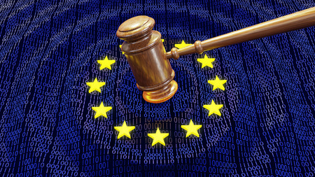 Judge hammer or gavel hitting EU data bits and bytes. Concept of GDPR law, breach and monetary penaltyの写真素材