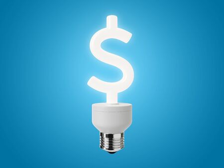 Energy Efficient Dollar Sign Light Bulb on a Blue Backgroundの写真素材