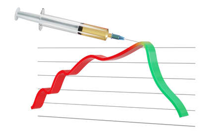Corona Covid-19 vaccine injection has a positive effect on a rising graphの写真素材