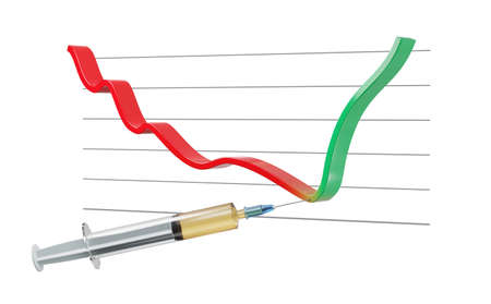 Corona Covid-19 vaccine injection has a positive effect on a falling graphの写真素材