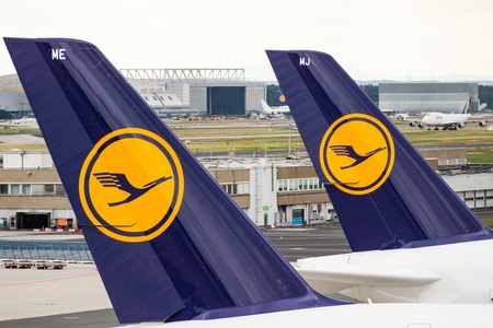 The Lufthansa-Logo on two Airbus A380 in Frankfurt