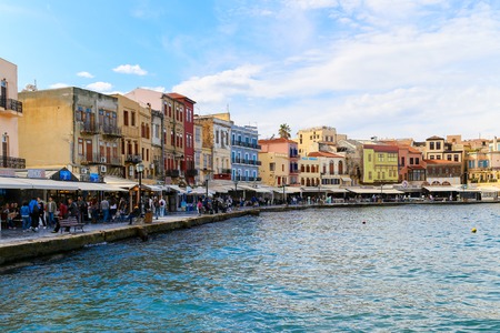 Part of the waterside promenade at the Venetian harbor in Chania, Greece.のeditorial素材
