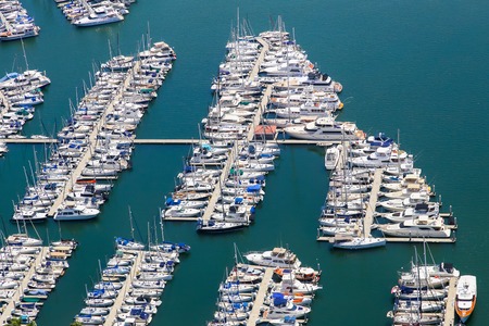 Los Angeles, USA - May 27, 2015: Aerial view of boats and yachts moored in Marina del Rey.のeditorial素材