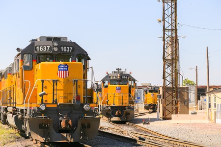 Kansas City, USA - May 21, 2016: Switching of engines and trains at a railroad yard in Kansas City.