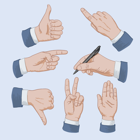 Set of business man hands showing different signs, pointing finger, pointing hand, like, dislike, signature, up hand, V handのイラスト素材