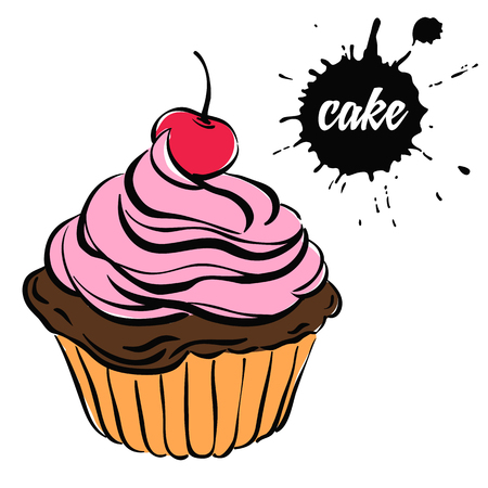 chocolate cupcake with pink cream and cherryisolated on a white backgroundのイラスト素材