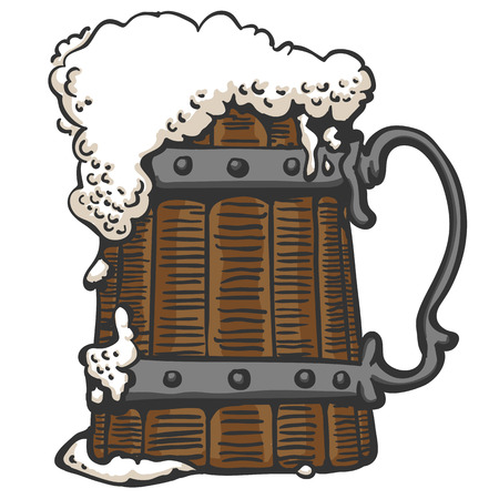 old wooden mug with handle forged and beer foamのイラスト素材
