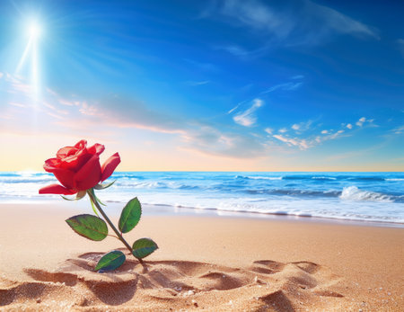 Red rose on the sandy beach and blue sky with sunbeamsの素材