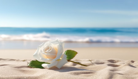White rose on a sandy beach with the sea in the background.の素材