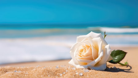 White rose on the sand on the background of the sea and blue skyの素材