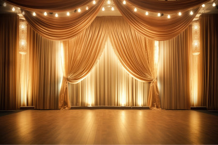 Theater stage with golden curtains and spotlights.の素材