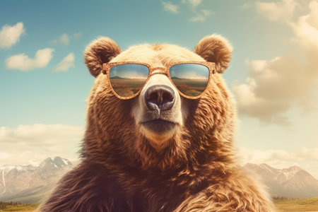 Portrait of a grizzly bear wearing sunglasses on a background of mountainsの素材