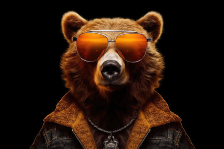 Hipster Brown Bear Wearing Sunglasses and Jacket isolated on Black Backgroundの素材