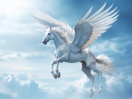 White horse with wings flying in the blue sky.の素材