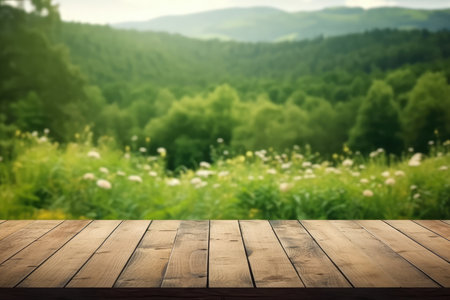 Empty wooden table for product display montages over blurred nature background.の素材