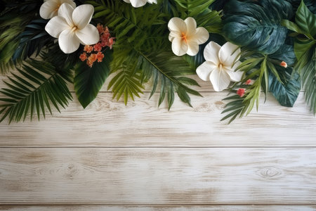 Tropical flowers and palm leaves on wooden background with space for text or product display.の素材