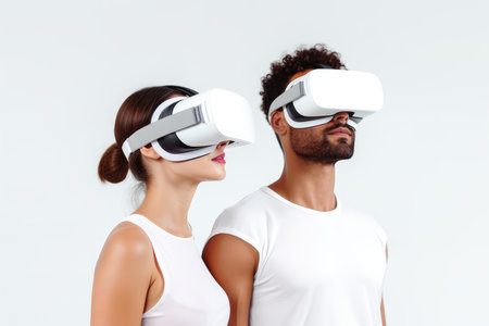 couple with virtual reality headsets looking at each other isolated on whiteの素材