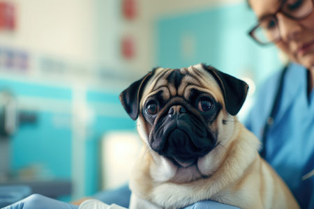 Close-up of a pug dog in a veterinary clinic.の素材